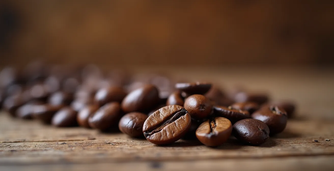 Gros plan de grains de café arabica torréfiés, étalés sur une surface en bois naturel, textures riches et détails des sillons des grains visibles