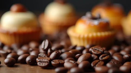 Gros plan symbolique sur des grains de café Arabica torréfiés avec un fond flou de pâtisseries délicates et crémeuses au café