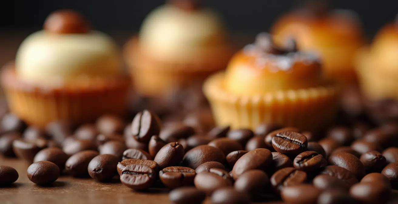 Gros plan symbolique sur des grains de café Arabica torréfiés avec un fond flou de pâtisseries délicates et crémeuses au café
