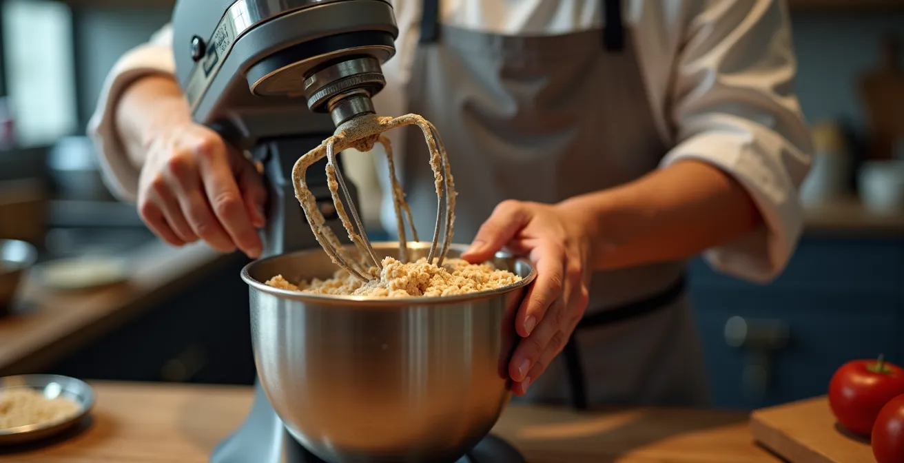 Gros plan sur les mains d'un professionnel utilisant un batteur mélangeur en acier inoxydable dans une cuisine