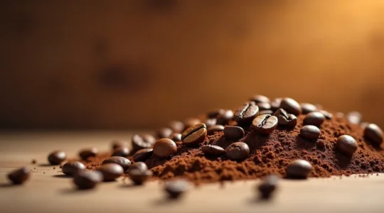 Grains de café arabica moulu et torréfiés avec arômes visibles dans une composition d'ambiance café artisanal