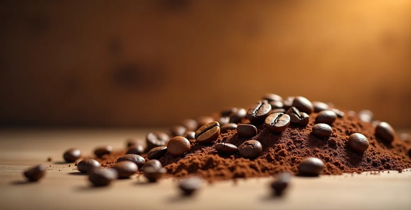 Grains de café arabica moulu et torréfiés avec arômes visibles dans une composition d'ambiance café artisanal