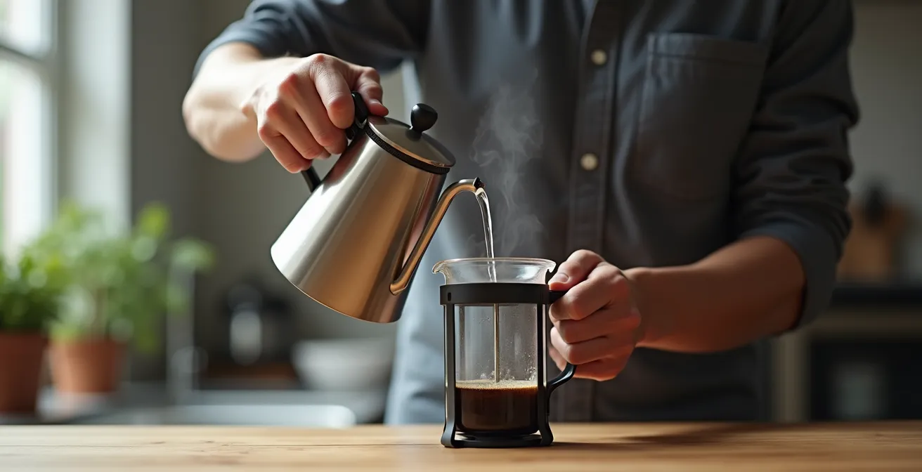 Mains d'un barista versant de l'eau chaude dans une cafetière à piston en verre, geste précis capturé en pleine action