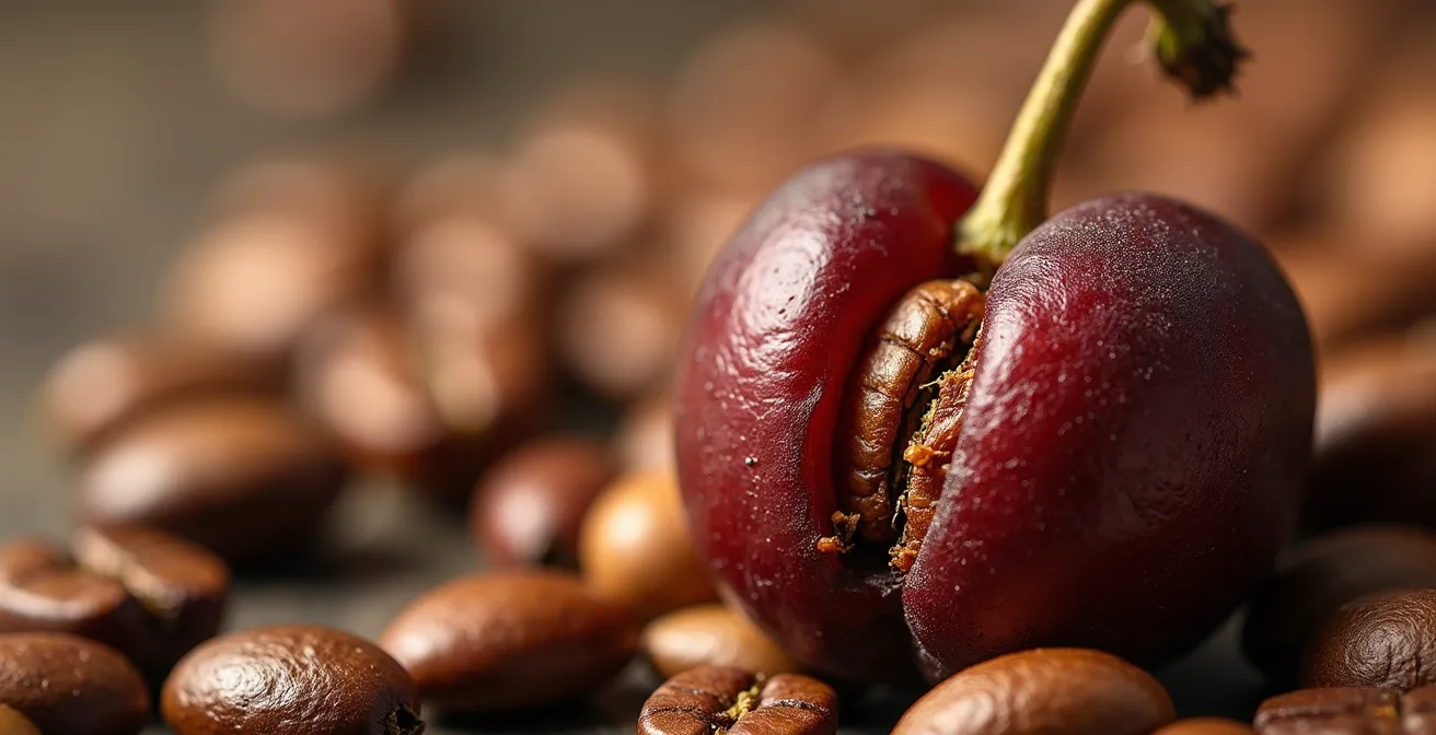 Vue macro détaillée de la texture d'une cerise de café séchée au soleil, montrant les nuances de couleur et la surface naturelle sans aucun texte
