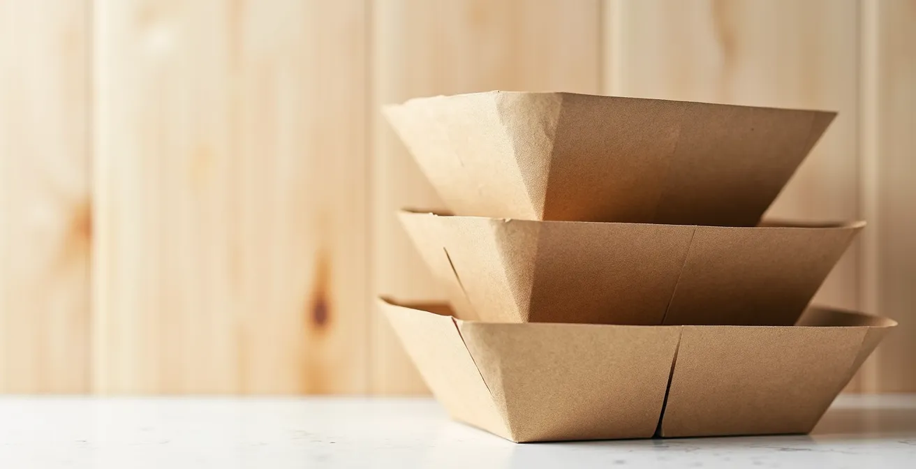 Composition minimaliste de contenants alimentaires écologiques en fibres naturelles empilés avec jeu de lumière