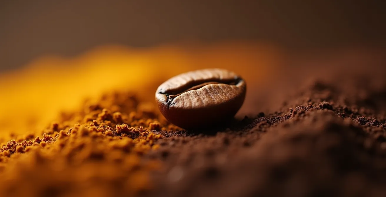Illustration conceptuelle montrant le grain d’Arabica avec effets visuels colorés représentant les profils de torréfaction claire, moyenne et foncée