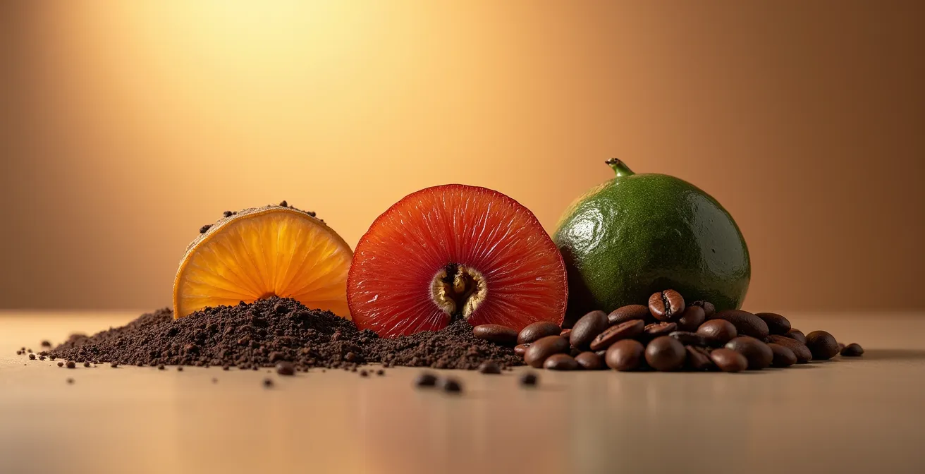 Visualisation conceptuelle des trois piliers de l'arôme du café : terroir, traitement et torréfaction en interaction harmonieuse
