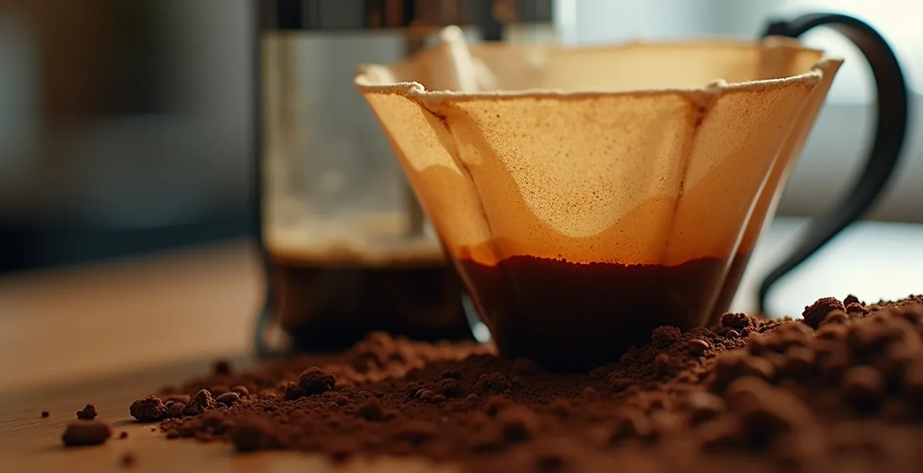 Photo en gros plan d’une cafetière à piston avec café moulu infusé, accompagné d’un filtre à café fin sur un fond de table en bois