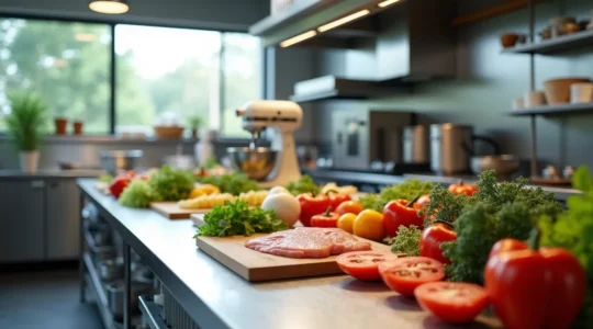 Vue professionnelle sur un plan de travail de cuisine avec matériel et ingrédients frais disposés harmonieusement