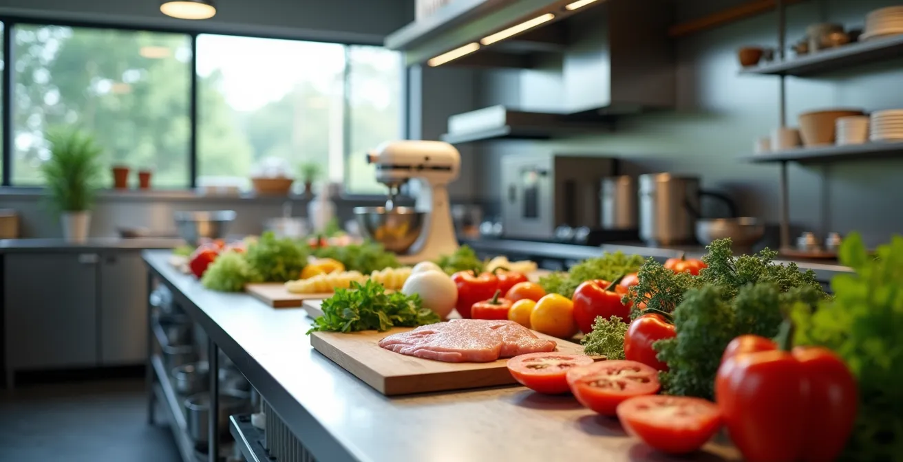 Vue professionnelle sur un plan de travail de cuisine avec matériel et ingrédients frais disposés harmonieusement