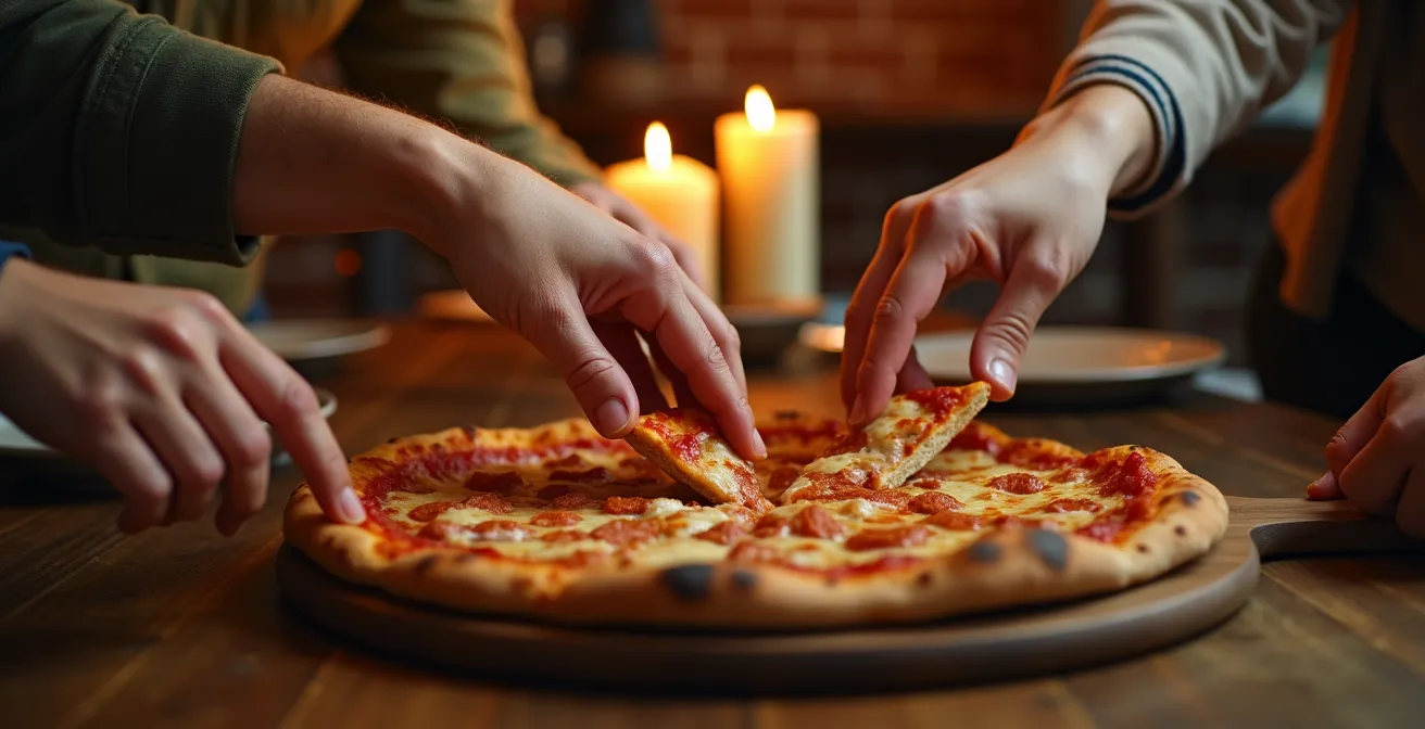 Clients partageant une pizza dans une ambiance chaleureuse