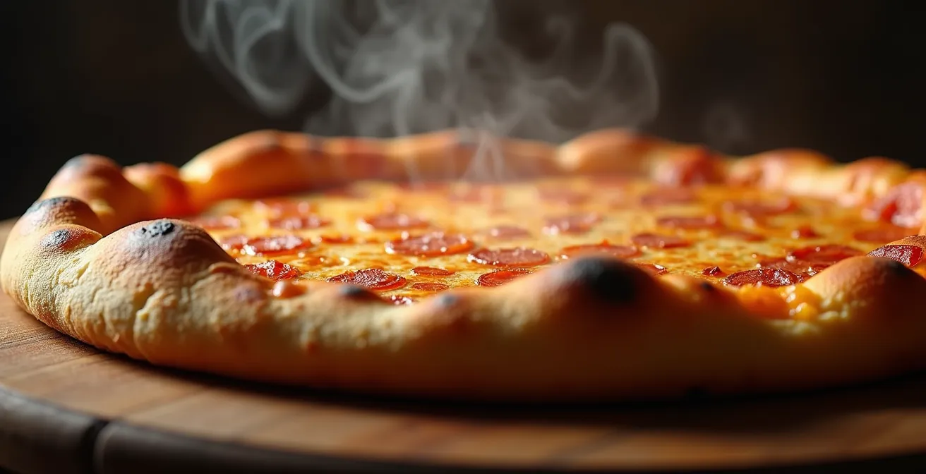 Gros plan sur la texture alvéolée d'une croûte de pizza