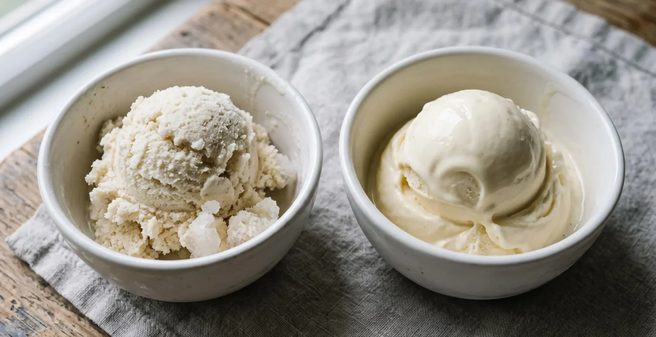 Comparaison visuelle entre une glace à texture granuleuse avec cristaux visibles et une glace à texture crémeuse et onctueuse.