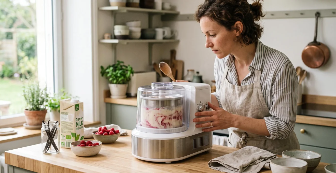 Adulte utilisant une machine à glace moderne dans une cuisine domestique, observant la préparation de glace maison en cours.