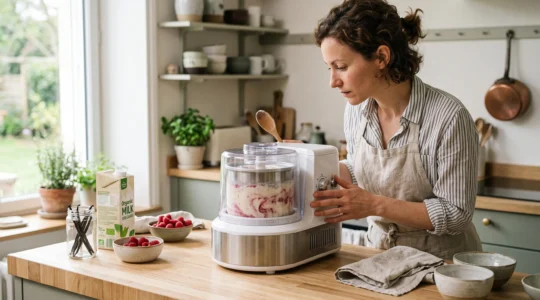 Adulte utilisant une machine à glace moderne dans une cuisine domestique, observant la préparation de glace maison en cours.
