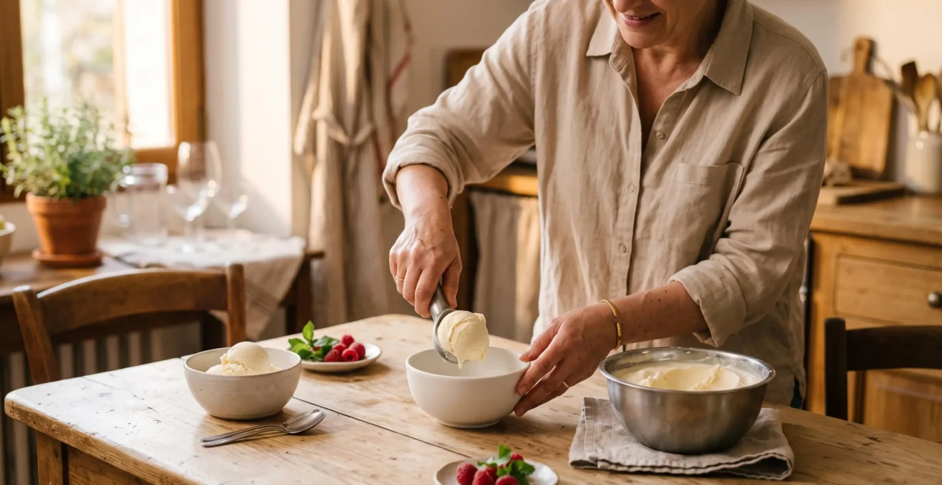 Service de glace maison à texture crémeuse dans des bols sur une table familiale, montrant le résultat réussi d'une préparation domestique.