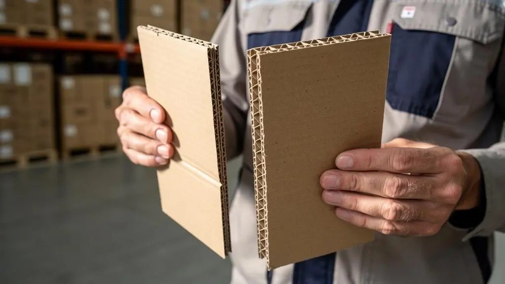 Professionnel de la logistique inspectant et comparant des échantillons de carton simple et double cannelure dans un entrepôt