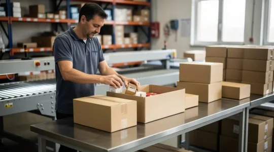 Opérateur de conditionnement préparant des cartons d'emballage sur une chaîne de conditionnement dans une entreprise française