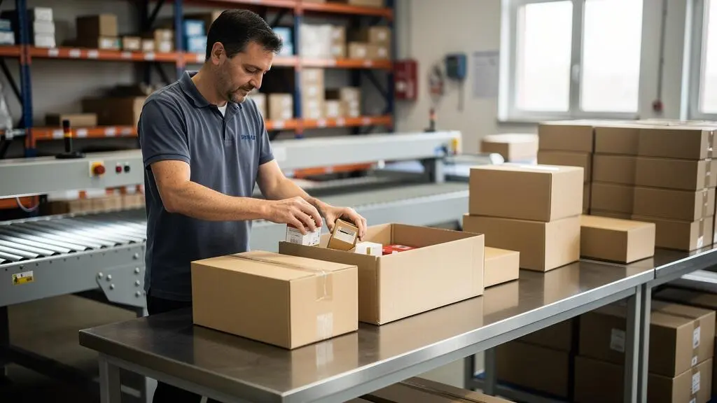 Opérateur de conditionnement préparant des cartons d'emballage sur une chaîne de conditionnement dans une entreprise française