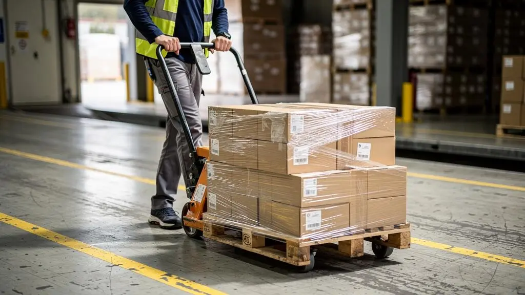 Magasinier déplaçant une palette d'emballages en carton avec un transpalette dans une zone de réception