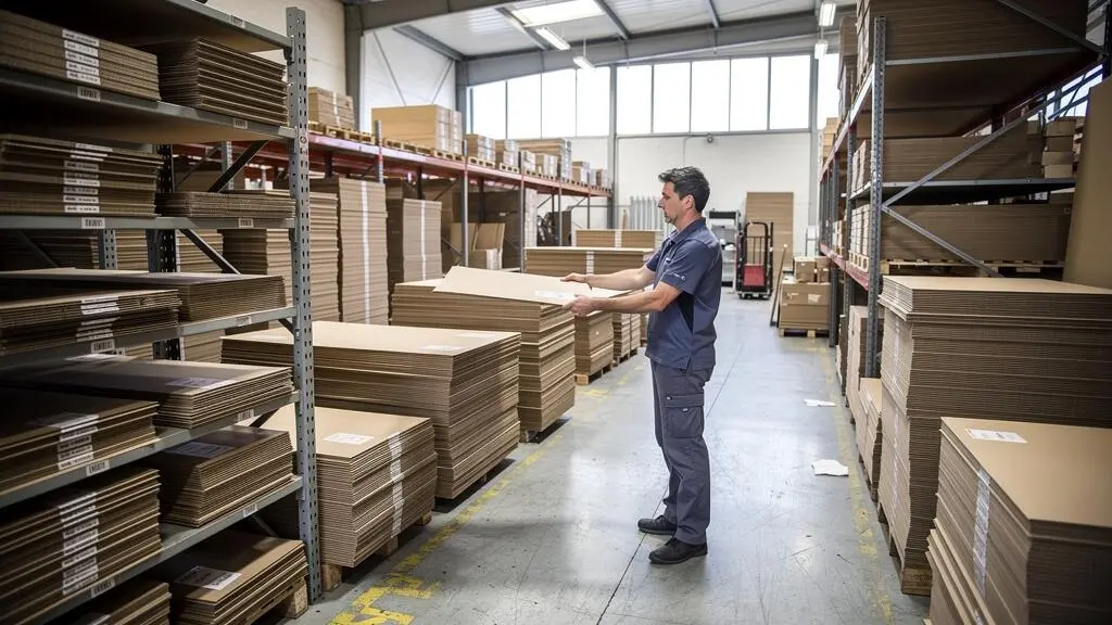 Travailleur logistique sélectionnant des cartons de différents formats dans une zone de stockage d'emballages organisée